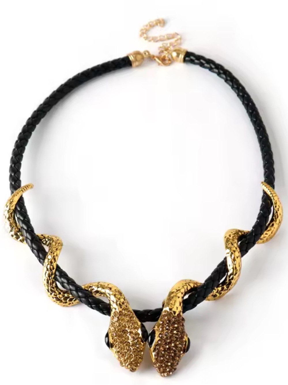 Serpent serpentine Gold-Tone Snake Statement Necklace with Black Braided Cord